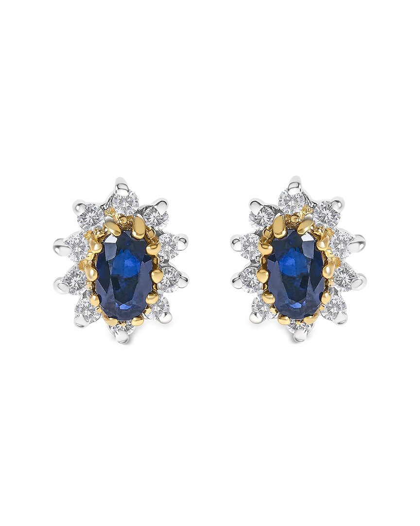 Haus Of Brilliance 14k Yellow Gold 1/4 Cttw Diamond And Blue Sapphire Sunburst Halo Stud Earrings In Metallic
