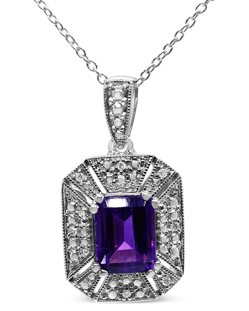 Haus Of Brilliance Silver Purple Amethyst And Diamond Accent Art Deco Style Pendant Necklace In Metallic