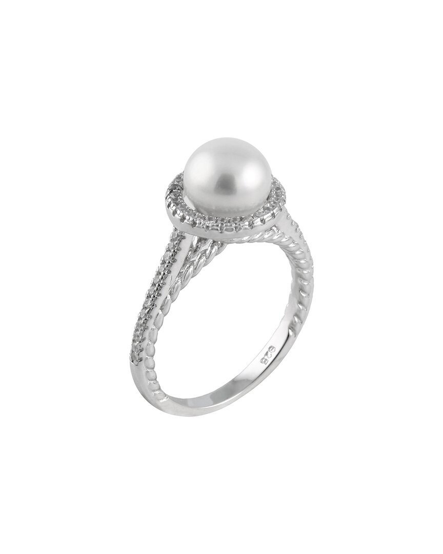 Splendid Pearls Rhodium Plated 7-7.5mm Pearl Cz Ring