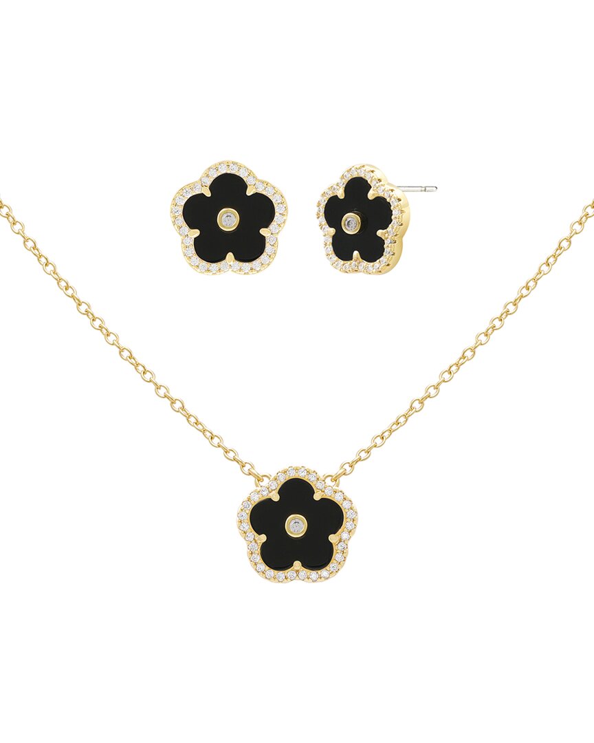 Jankuo Flower 14k Plated Lab-grown Onyx Cz Earrings & Necklace Set