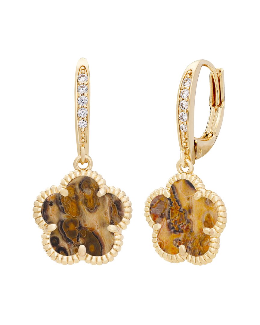 Jankuo Flower 14k Plated Leoparskin Jasper Cz Leverback Drop Earrings In Brown