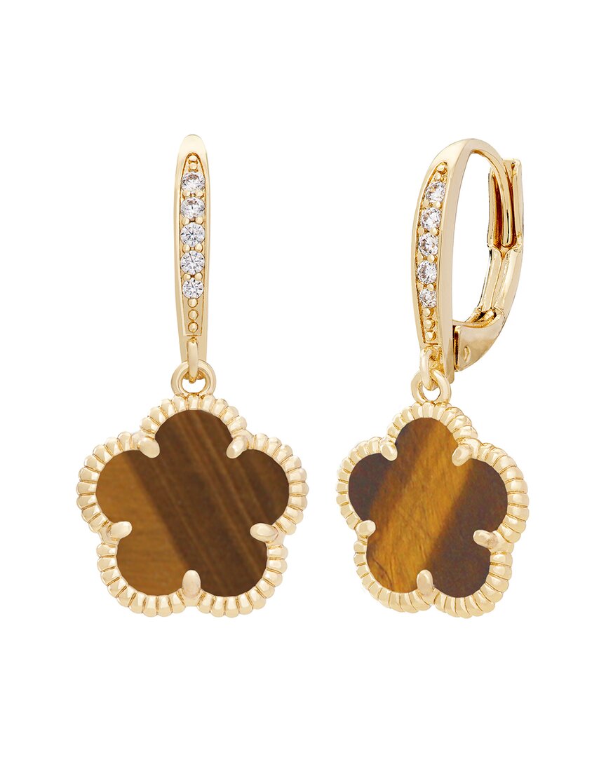 Jankuo Flower 14k Plated Tiger Eye Cz Leverback Drop Earrings In Brown