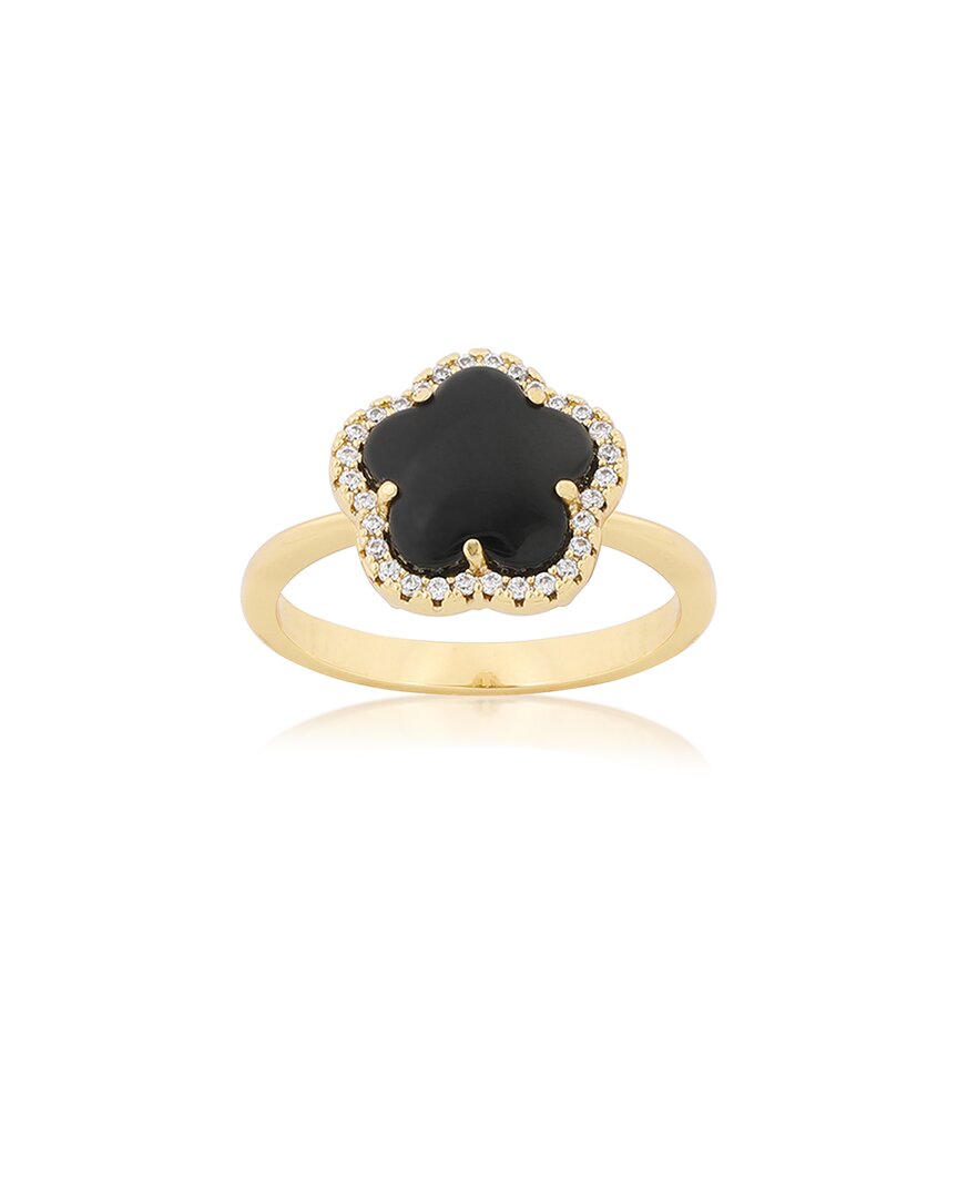 Jankuo Flower 14k Plated Onyx Cz Statement Ring In Gold