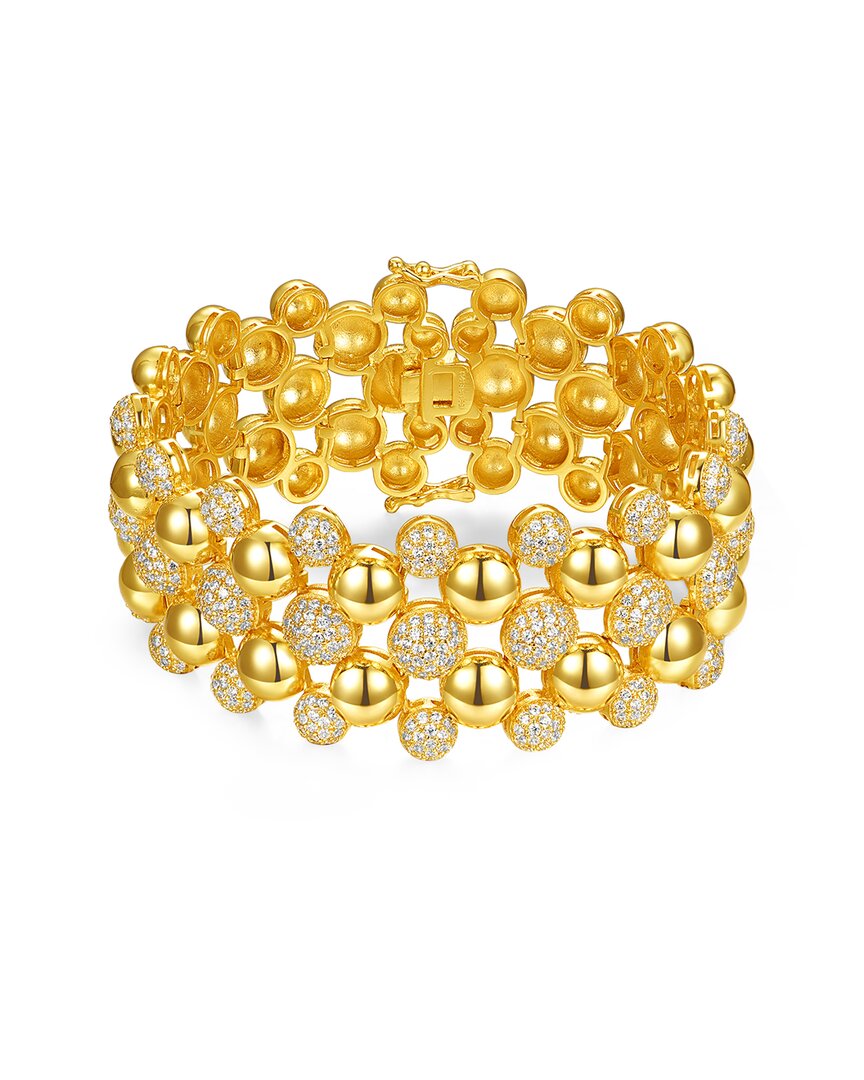 Rachel Glauber 14k Yellow Gold Plated With Diamond Cubic Zirconia French Pave Medallion Mesh Link Bracelet
