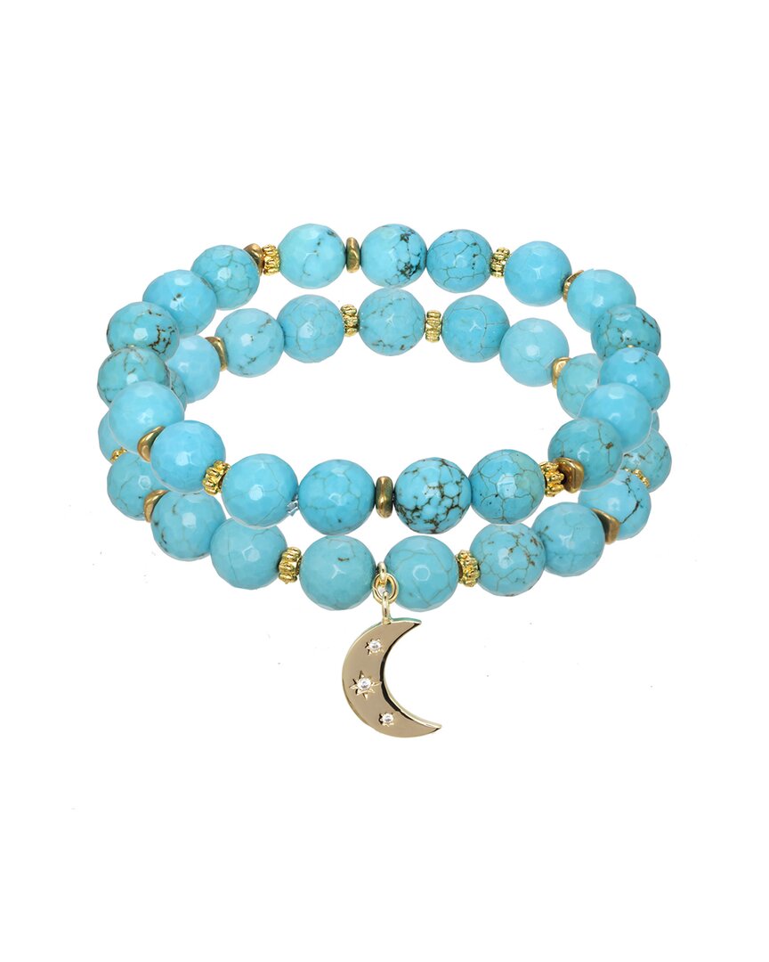 Rachel Reinhardt 14k Over Silver Turquoise Cz Moon Pendant Bracelet