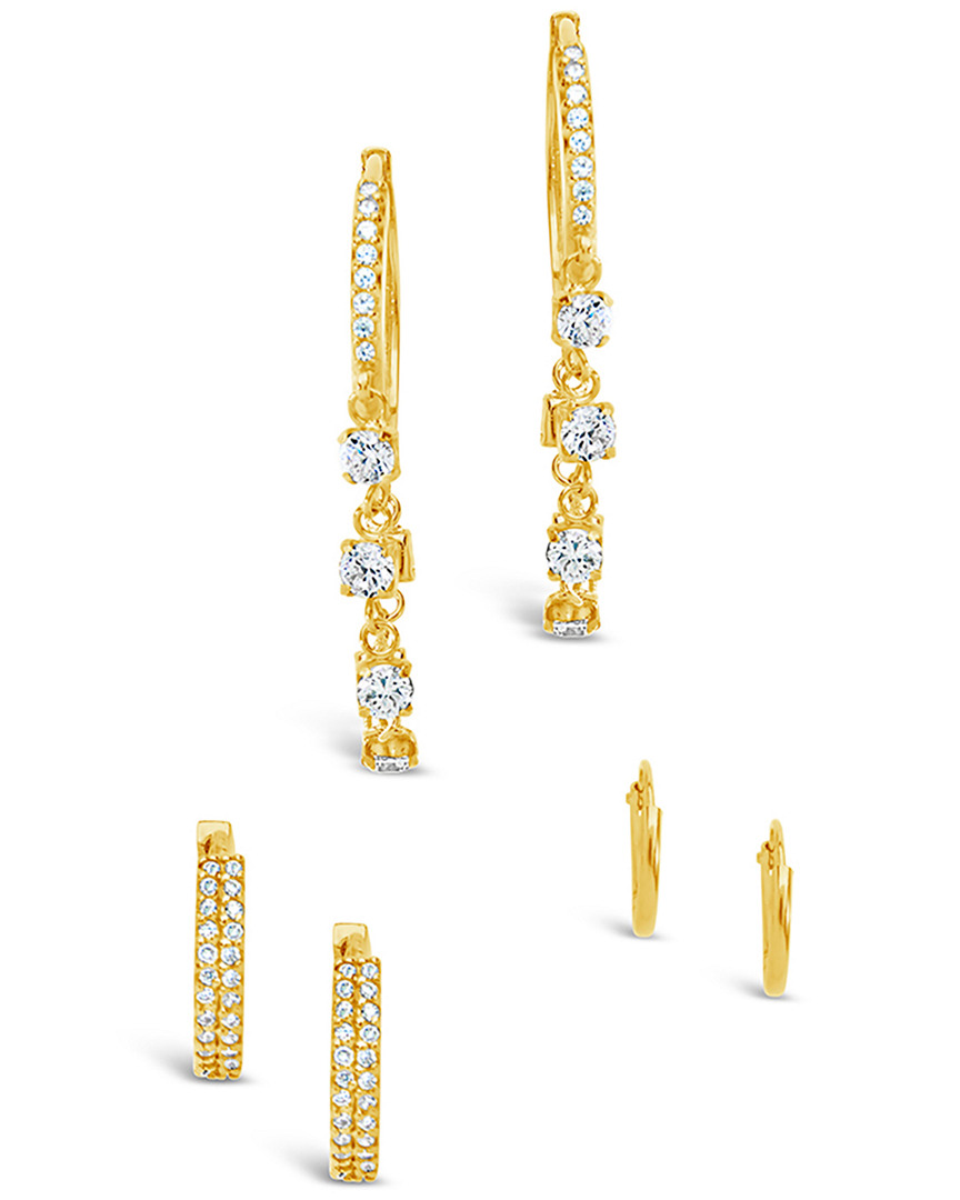 Sterling Forever 14k Plated Cz Set Of 3 Pairs Of Dangle Hoops