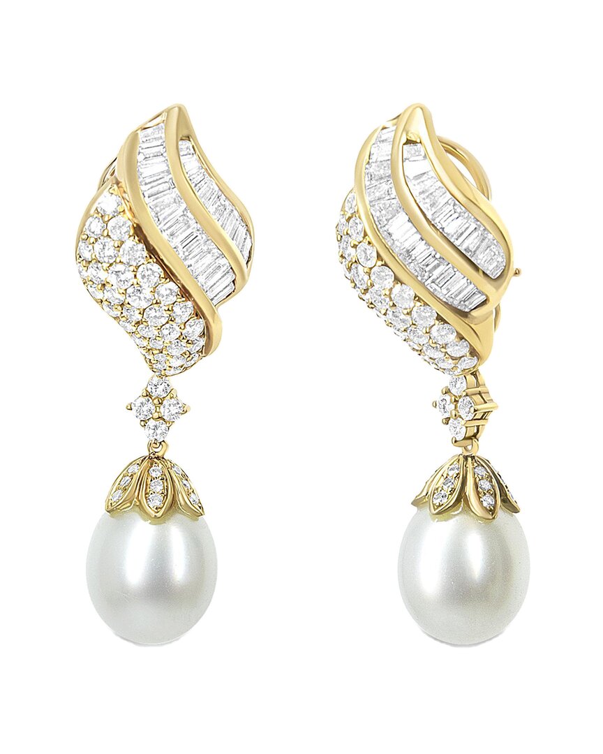 Haus Of Brilliance 18k Yellow Gold 7.0 Cttw Baguette And Round Diamond South Sea Pearl Drop Dangle Clip-on Earrings In Gold