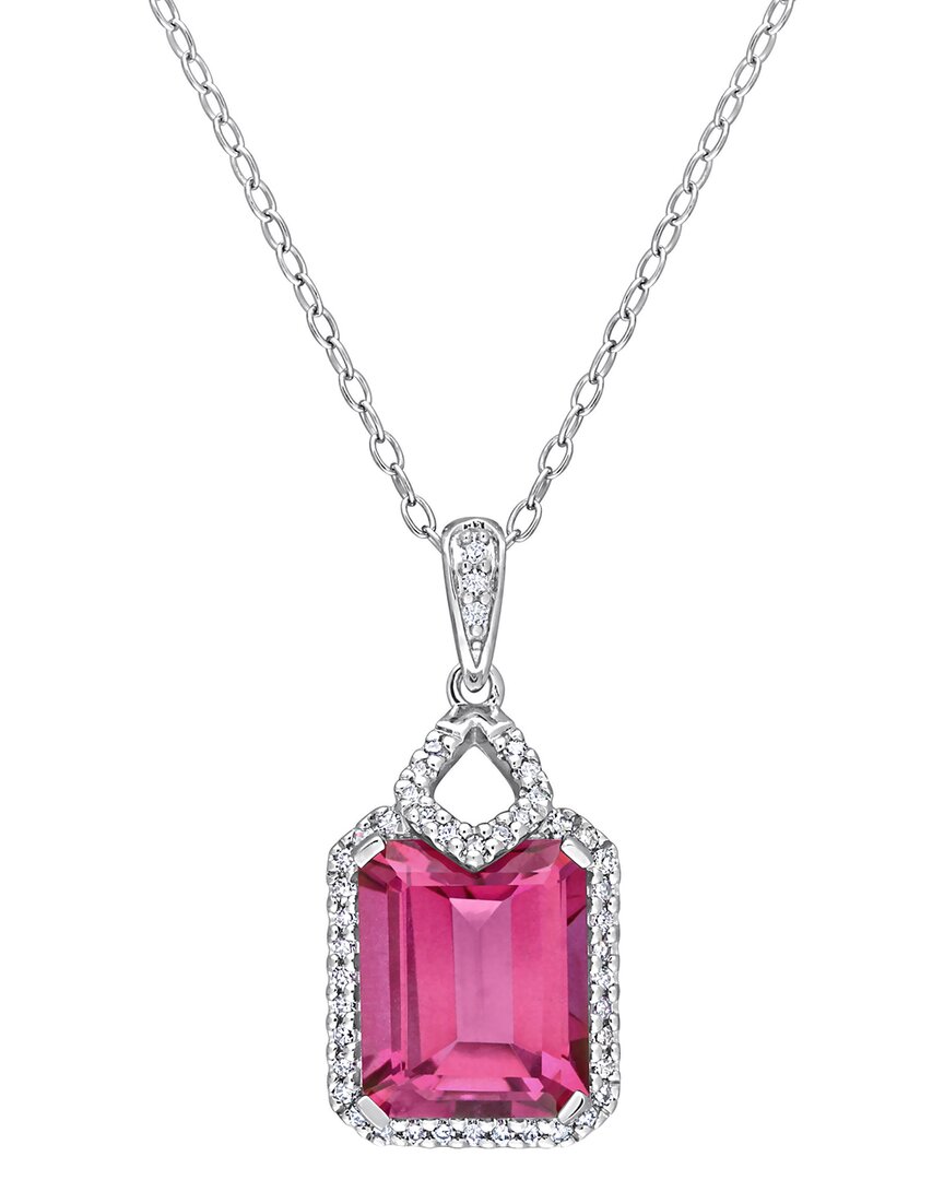 Rina Limor Silver 5.79 Ct. Tw. Diamond & Pink & White Topaz Halo Pendant  Necklace