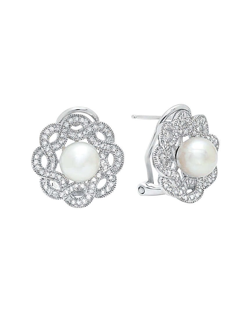 Crislu Floral Platinum Plated 8mm Pearl & Cz Drop Earrings