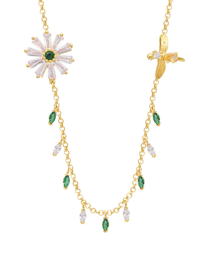 Gabi Rielle Gold Over Silver Cz Daisy & Bee Baguette Pendant Necklace