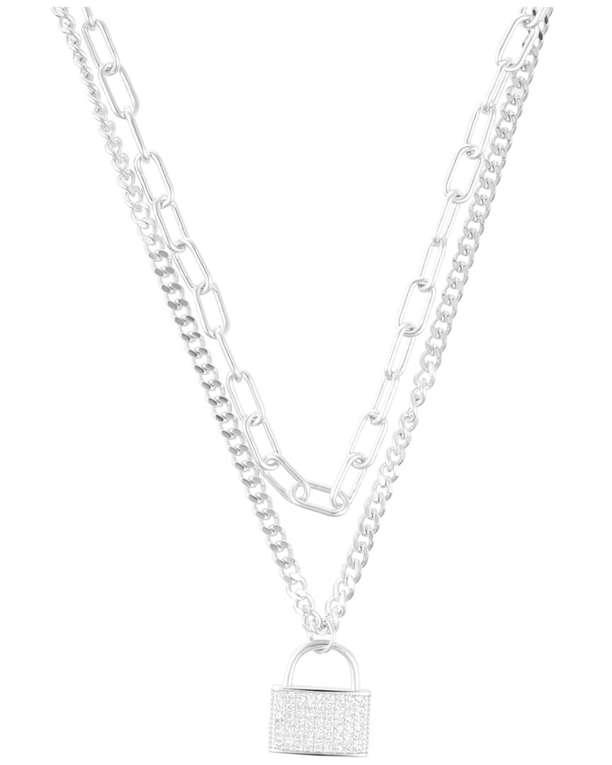 Adornia Sterling Silver Plated Adjustable Layered Chain Crystal Lock Necklace