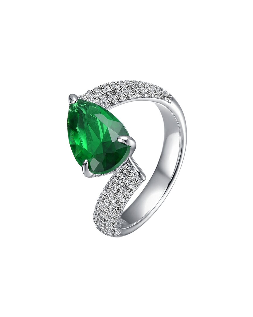 Rachel Glauber White Gold Plated With Emerald Green Pear-shaped Cubic Zirconia Bypass Ring