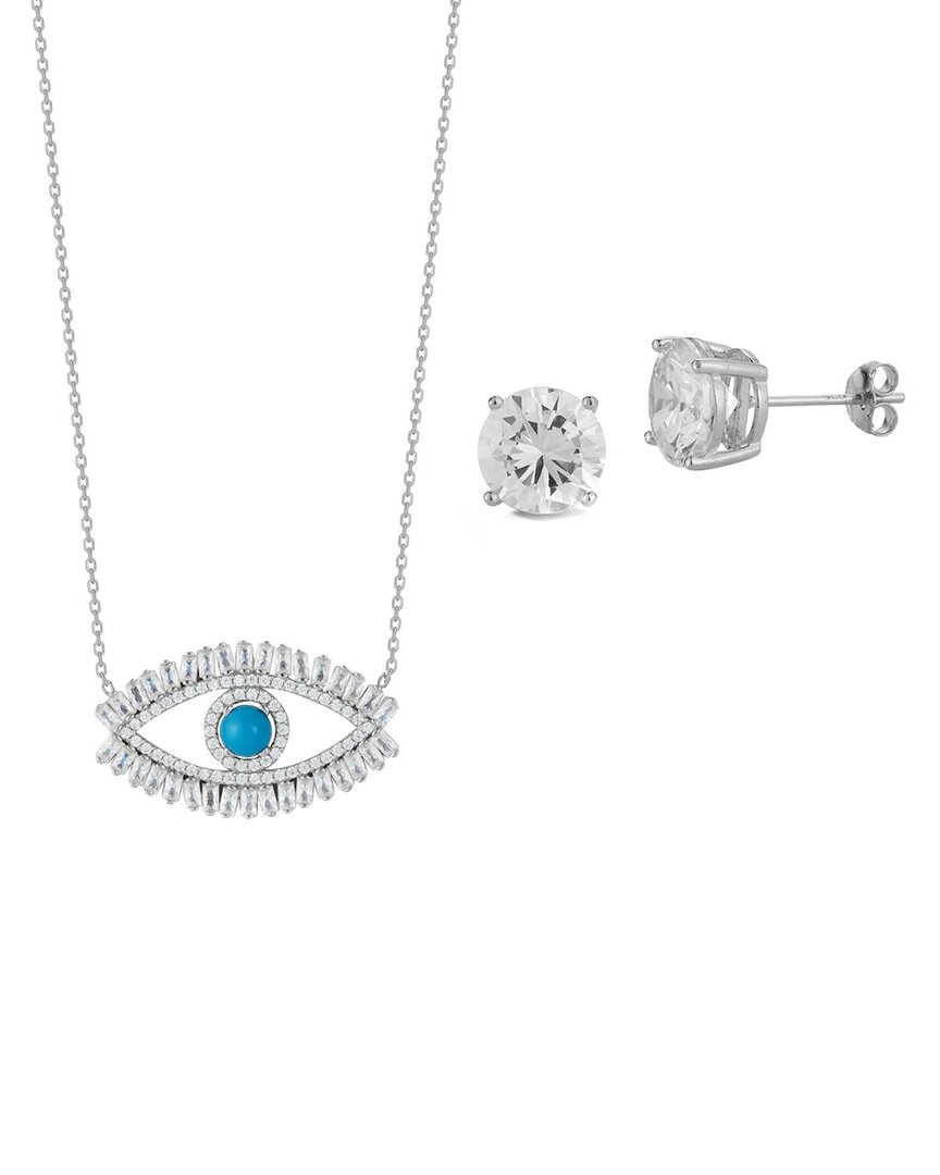 Glaze Jewelry Silver Cz Evil Eye Necklace & Studs Set