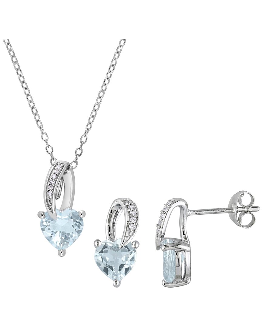 Rina Limor Silver 2.85 Ct. Tw. Diamond & Aquamarine Pendant & Stud Jewelry Set