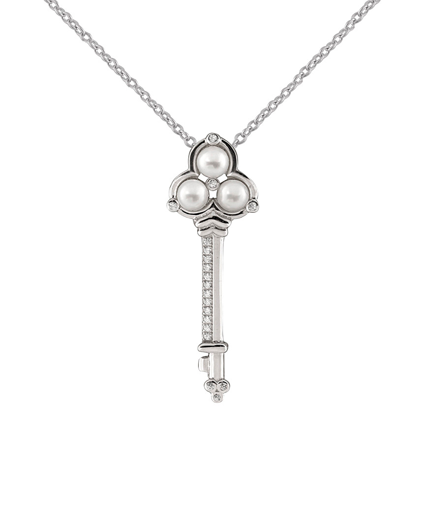 Splendid Pearls Rhodium Plated Silver 4.5-5mm Freshwater Pearl & Cz Necklace