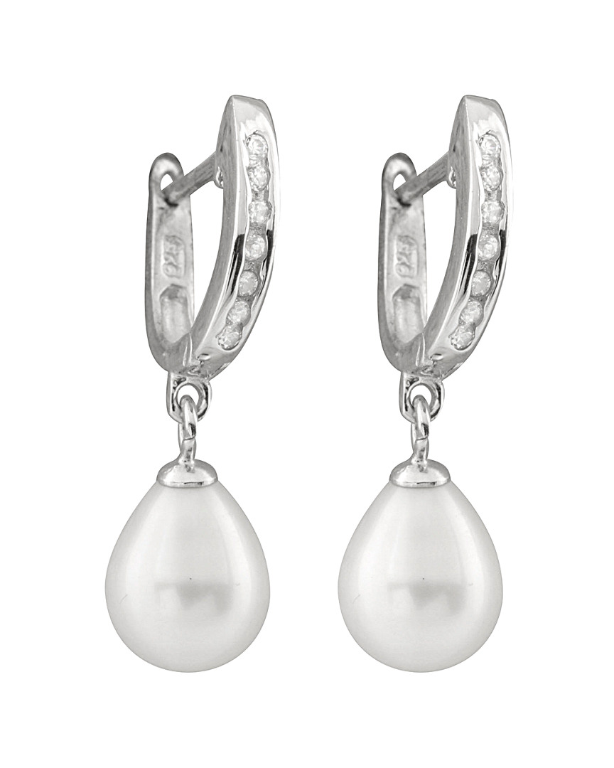 Splendid Pearls Rhodium Plated Silver 7.5-8mm Freshwater Pearl & Cz Drop Earrings