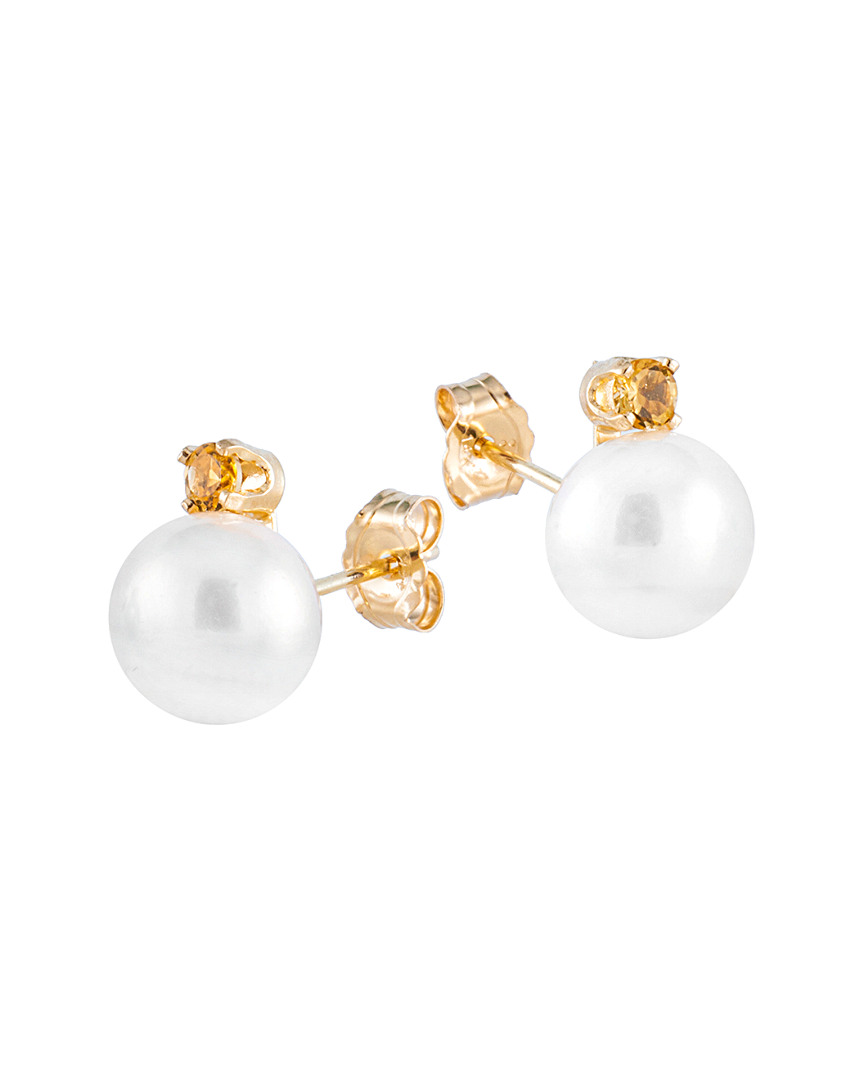 Splendid Pearls 14k 0.10 Ct. Tw. Citrine & 7-7.5mm Freshwater Pearl Earrings