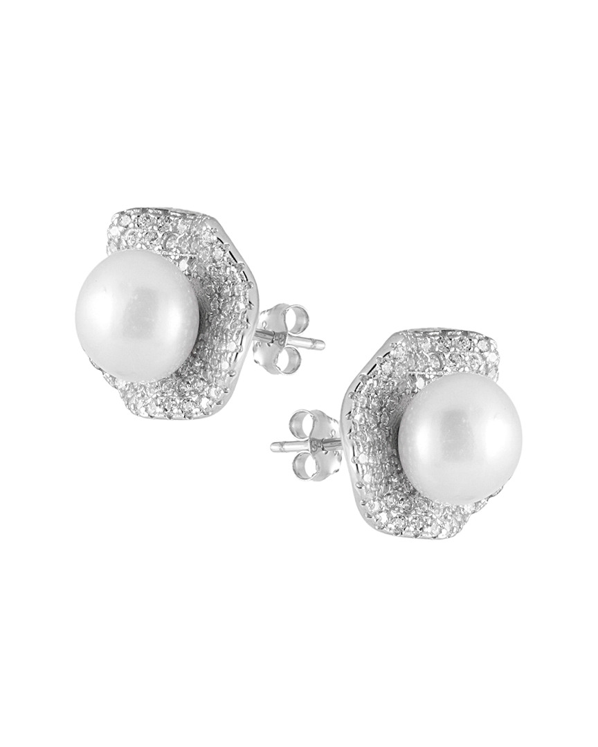 Splendid Pearls Rhodium Plated Silver 8-8.5mm Freshwater Pearl & Cz Earrings
