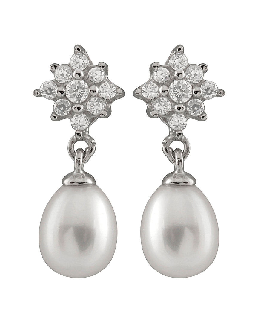 Splendid Pearls Rhodium Plated Silver 6.5-7mm Freshwater Pearl & Cz Drop Earrings