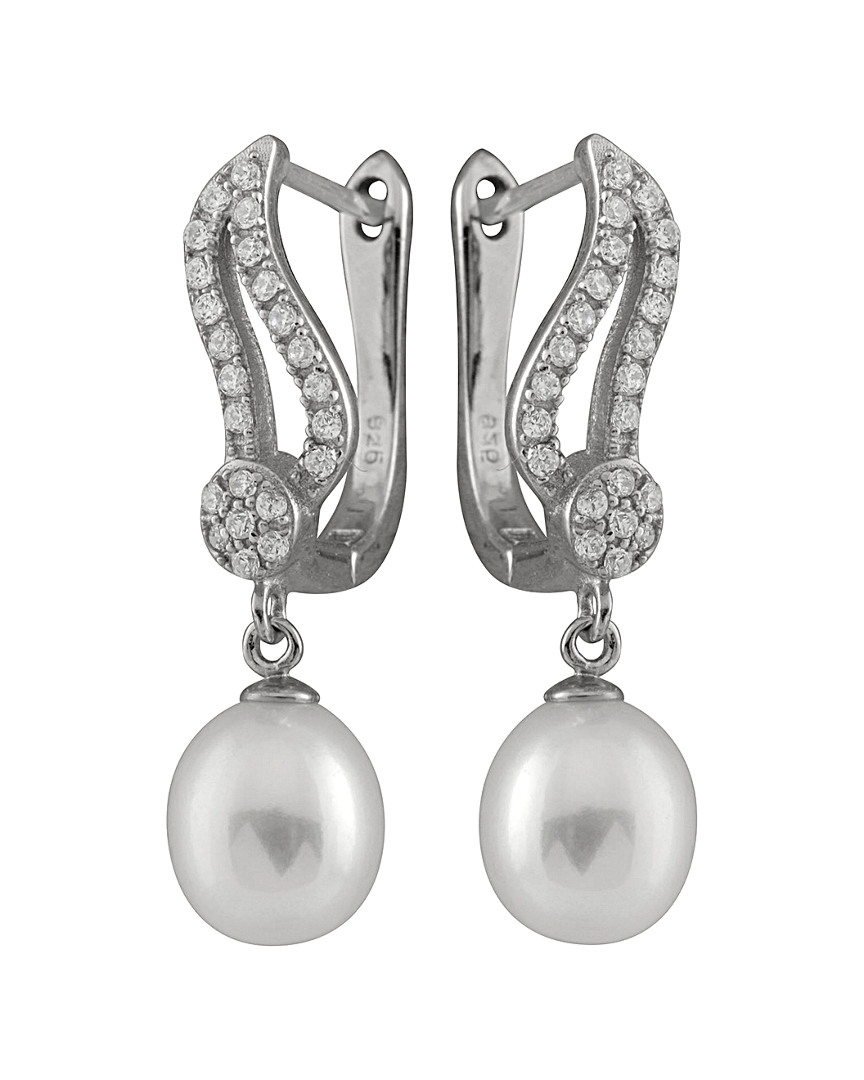 Splendid Pearls Rhodium Plated Silver 7.5-8mm Freshwater Pearl & Cz Drop Earrings