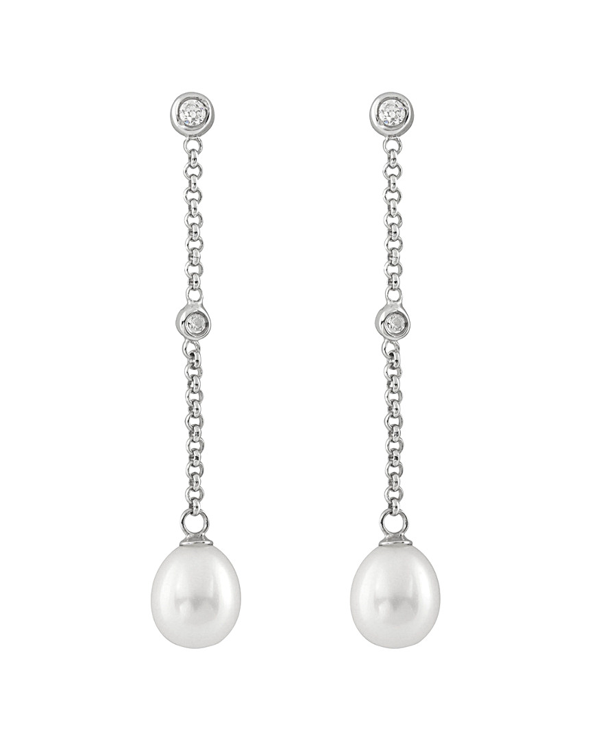 Splendid Pearls Rhodium Plated Silver 7-7.5mm Pearl & Cz Drop Earrings