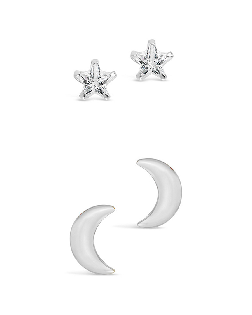 Sterling Forever Silver Cz Crescent & Star Stud Set In White