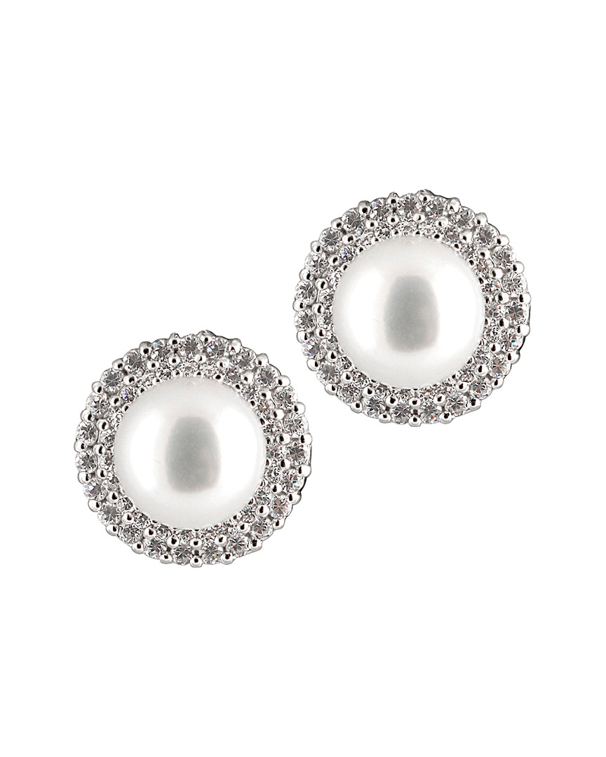 Splendid Pearls Rhodium Plated Silver 8-8.5mm Freshwater Pearl & Cz Earrings In Metallic
