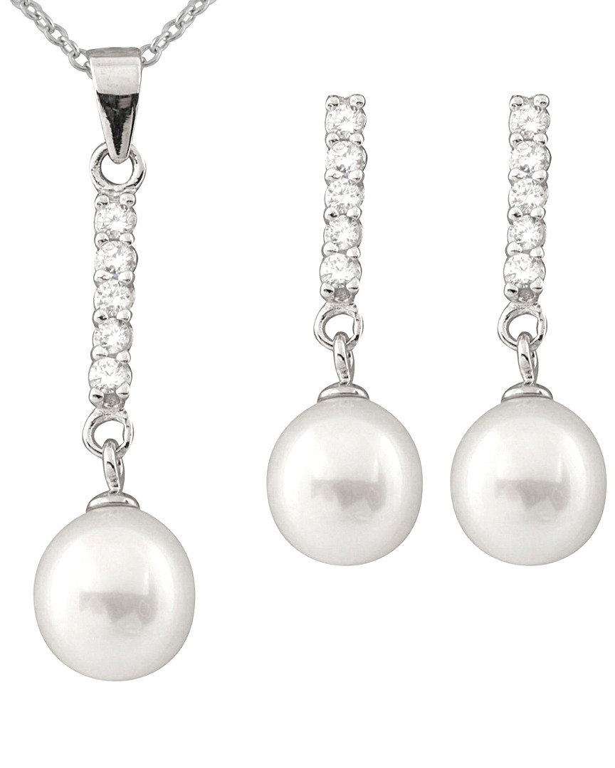 Splendid Pearls Rhodium Plated Silver 8-9mm Freshwater Pearl & Cz Drop Earrings & Necklace Set