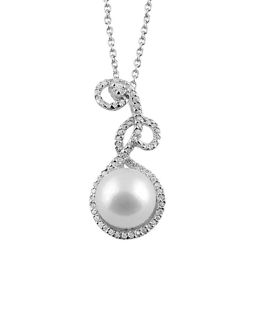 Splendid Pearls Rhodium Plated Silver 9-9.5mm Freshwater Pearl & Cz Necklace