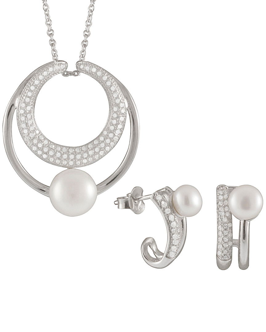 Splendid Pearls Silver 7-8mm Freshwater Pearl & Cz Drop Earrings & Necklace Set