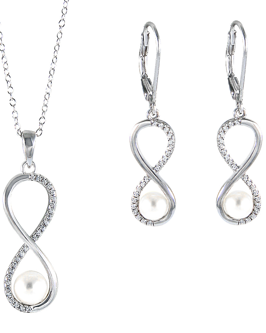 Splendid Pearls Silver 7.5-8mm Freshwater Pearl & Cz Drop Earrings & Necklace Set