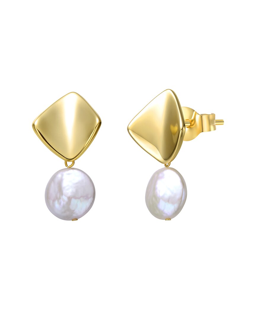 Genevive Sterling Silver 14k Yellow Gold Plated With White Coin Pearl Double Dangle Square Earrings