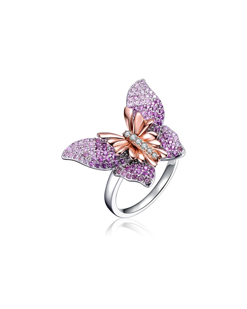 Genevive Two-tone Over Silver Cz Butterfly Ring In Silver
