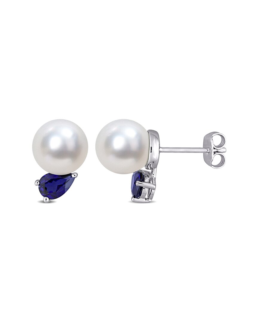 Rina Limor Silver 1.34 Ct. Tw. Sapphire 8-9mm Pearl Studs