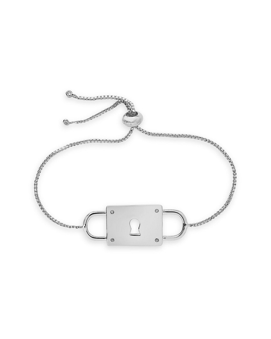Sterling Forever Rhodium Plated Cz Padlock Bolo Bracelet