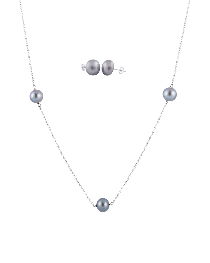 Splendid Pearls Rhodium Plated 7-8mm Freshwater Pearl Necklace & Earrings Set