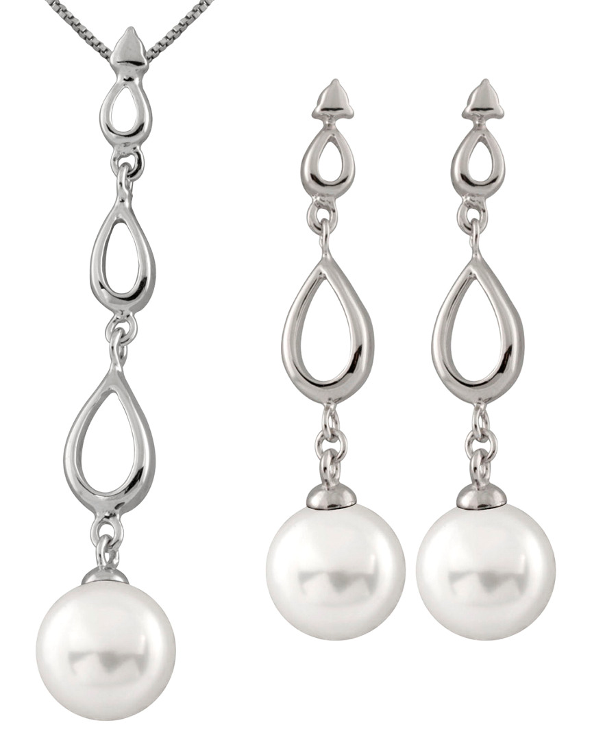 Splendid Pearls Rhodium Plated Silver 8-8.5mm Freshwater Pearl Drop Earrings & Necklace Set