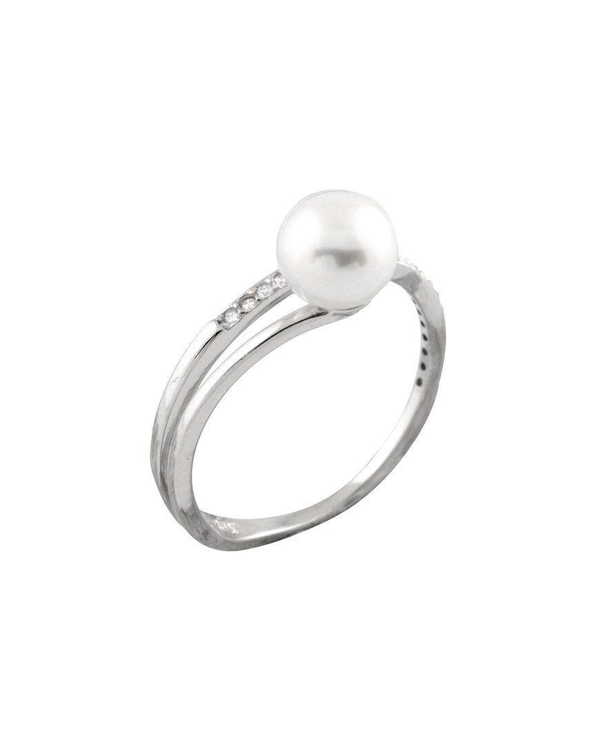 Splendid Pearls Rhodium Plated 7-8mm Pearl Cz Ring