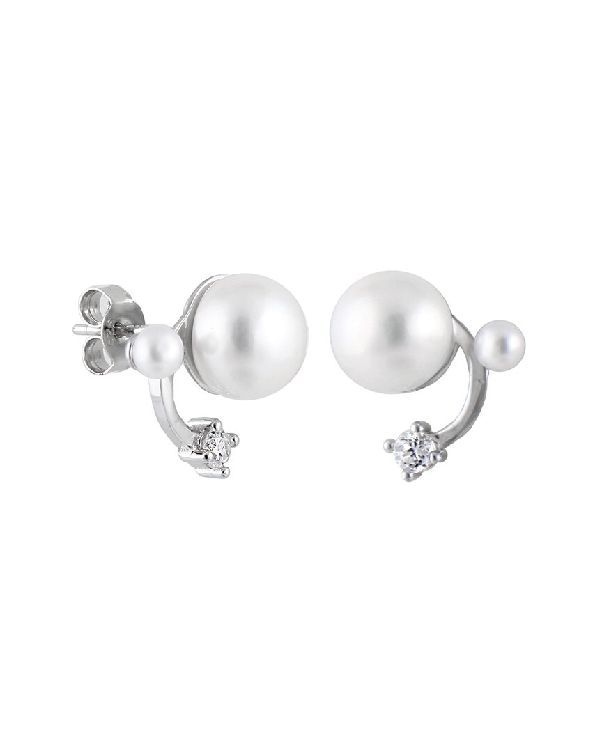 Splendid Pearls Rhodium Plated 3-9mm Pearl Cz Earrings In Metallic
