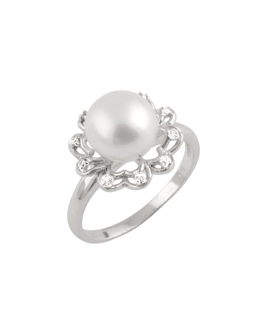 Splendid Pearls Rhodium Plated 8.5-9mm Pearl Cz Ring