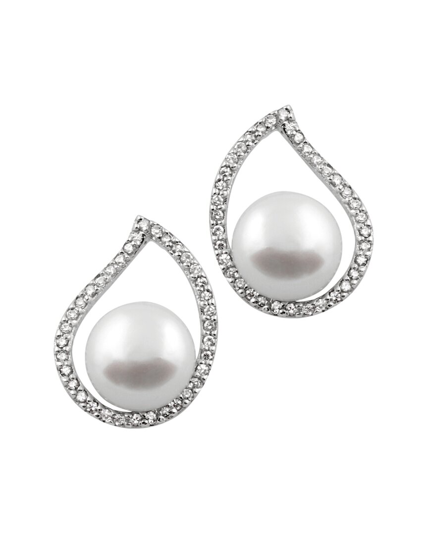 Splendid Pearls Rhodium Plated 8-8.5mm Pearl Cz Earrings