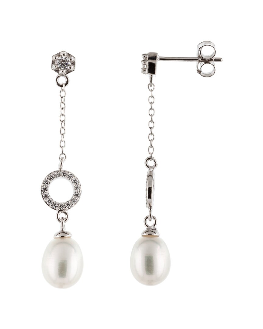 Splendid Pearls Rhodium Plated 7-8mm Pearl Cz Earrings