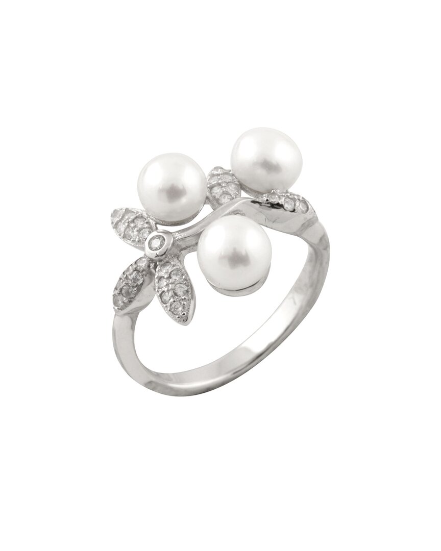 Splendid Pearls Rhodium Plated 5-6mm Pearl Cz Ring