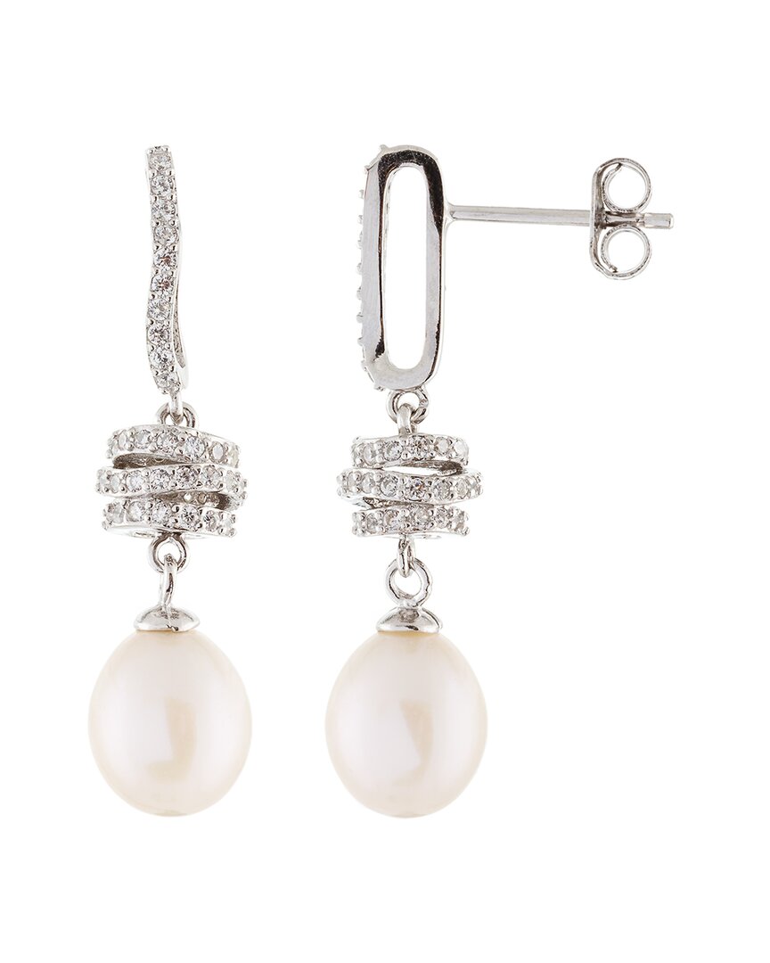 Splendid Pearls Rhodium Plated 8.5-9mm Pearl Cz Earrings