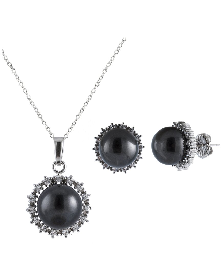 Splendid Pearls Rhodium Plated 10-11mm Pearl Cz Necklace & Earrings Set