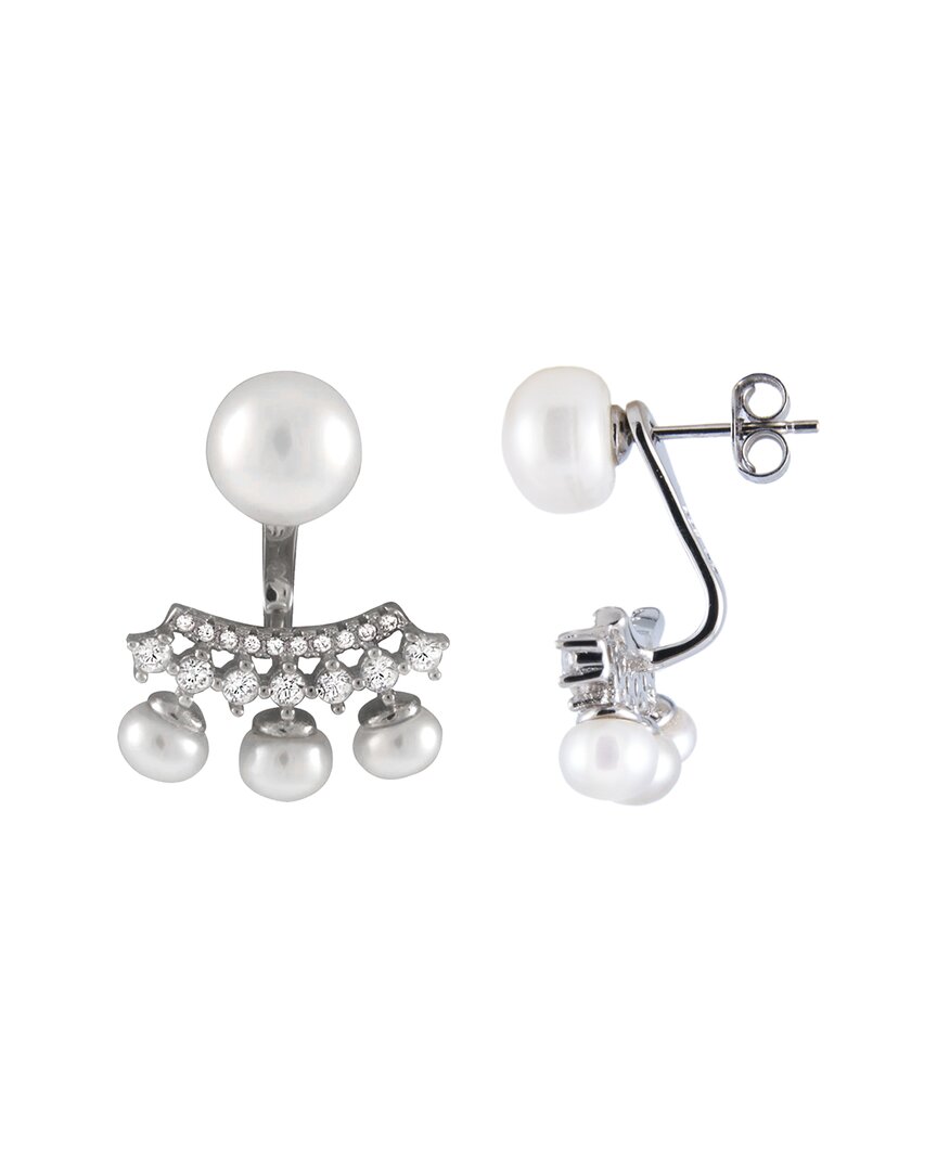 Splendid Pearls Rhodium Plated 4.5-5mm Pearl Cz Earrings