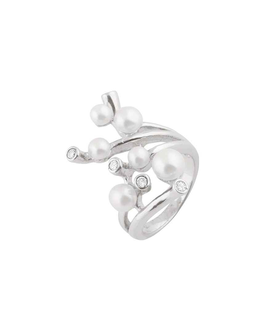 Splendid Pearls Rhodium Plated 5-7mm Pearl Cz Ring