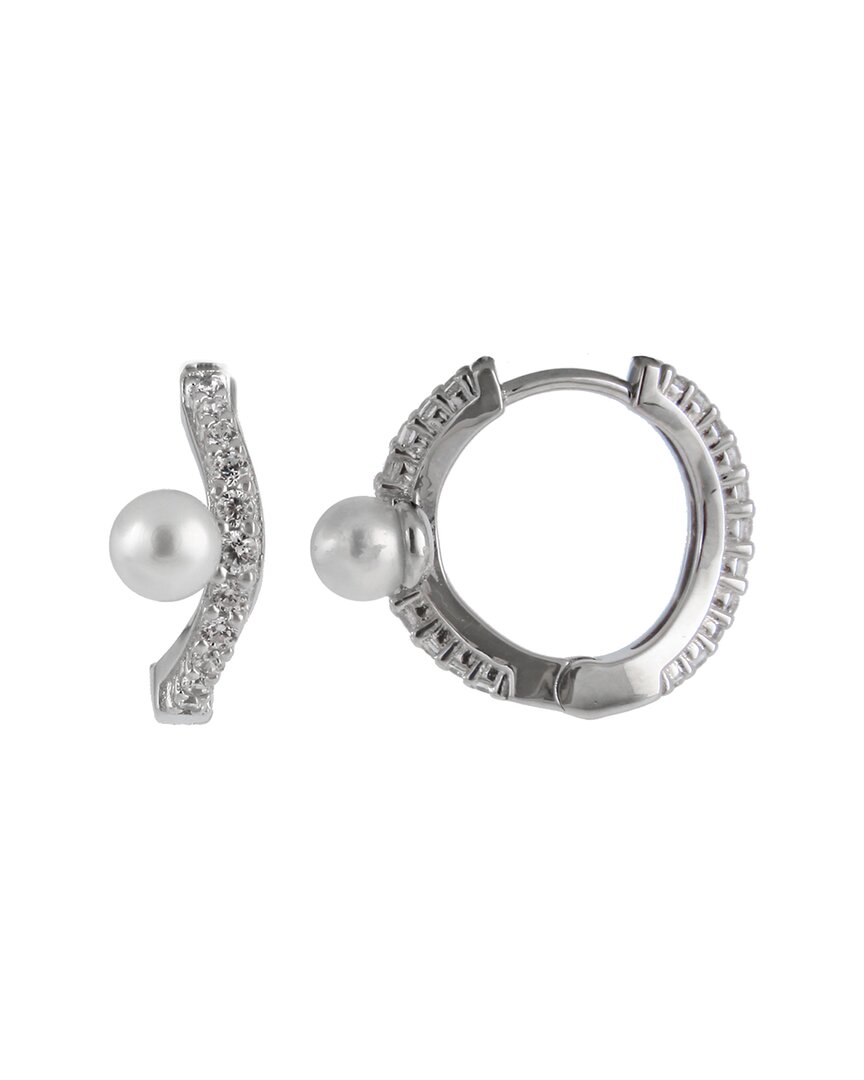 Splendid Pearls Rhodium Plated 5-6mm Pearl Cz Earrings