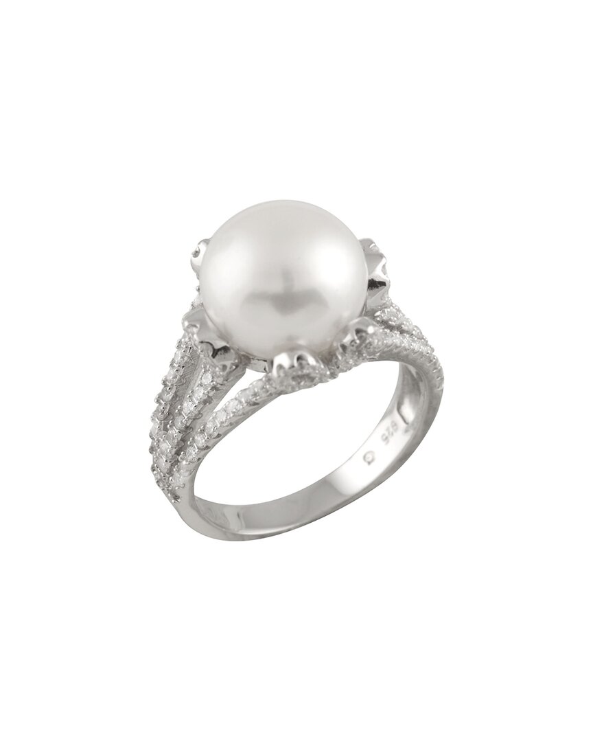 Splendid Pearls Rhodium Plated 11-12mm Pearl Cz Ring