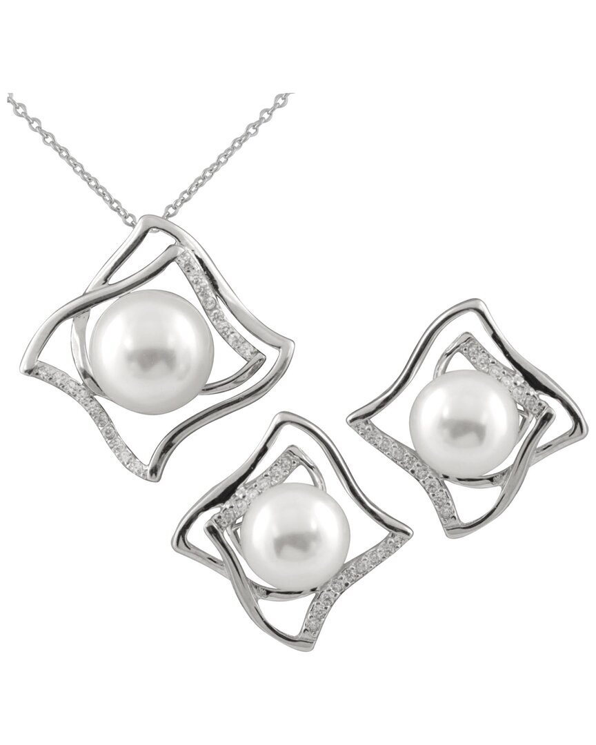 Splendid Pearls Rhodium Plated 8-11mm Pearl Cz Necklace & Earrings Set